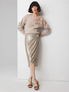 Sequin Wrap Pencil Skirt in Gold